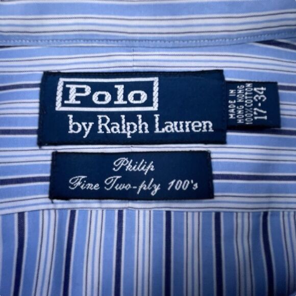 Vintage Polo Ralph Lauren Shirt Men 17 34 Blue Stripe Oxford OCBD Fine Two Ply - Picture 4 of 10